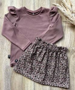 Set paperbag skirt bloemen oud mauve en longsleeve oude mauve (rib)
