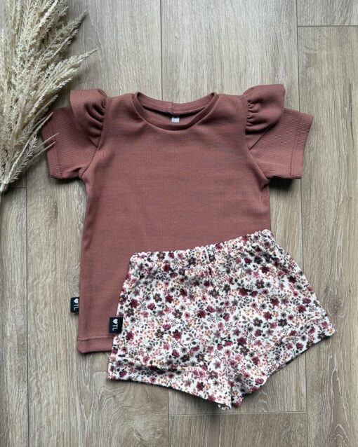 Set short bloemen off white (fijne rib) en shirt roze klei (fijne rib)