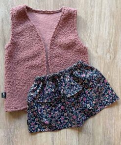 Handgemaakte newborn baby en kinderkleding 12 Set gilet oud roze (teddy) en rokje tess bloemen navy (katoen)