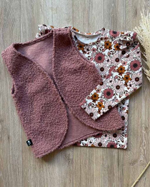 Set longsleeve autumn flowers en gilet oud roze (teddy)