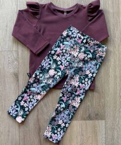 Set longsleeve burgundy en legging digital flowers navy