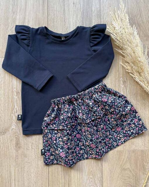 Set longsleeve donkerblauw en rokje tess bloemen navy (katoen)