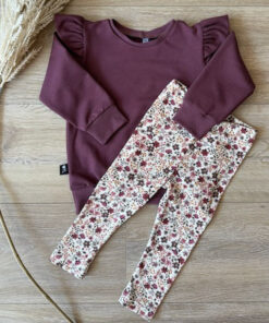 Set sweater burgundy en legging bloemen off white (fijne rib)