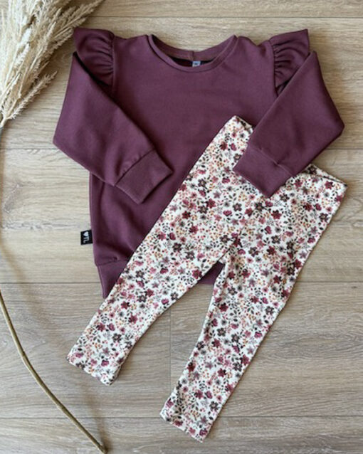 Set sweater burgundy en legging bloemen off white (fijne rib)