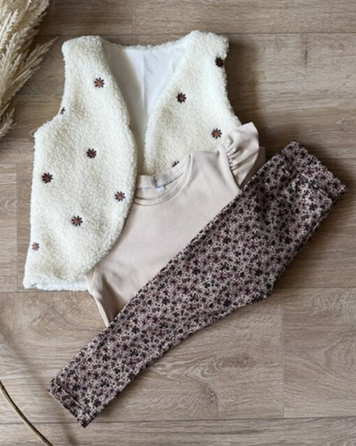 Set gilet bloemen ecru (teddy), longsleeve sand (fijne rib) en legging bloemen oud mauve