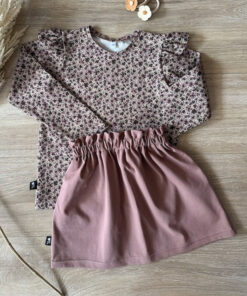 Set longsleeve bloemen oud mauve en paperbag skirt oude mauve