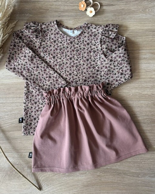Set longsleeve bloemen oud mauve en paperbag skirt oude mauve