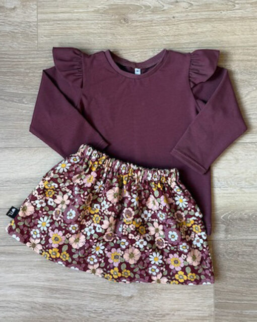 Set longsleeve burgundy en rokje tess bloemen burgundy (katoen)