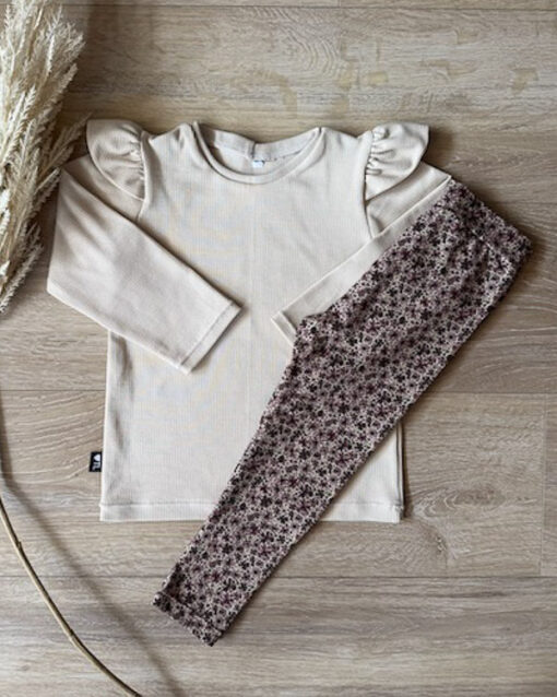 Set longsleeve sand (fijne rib) en legging bloemen oud mauve